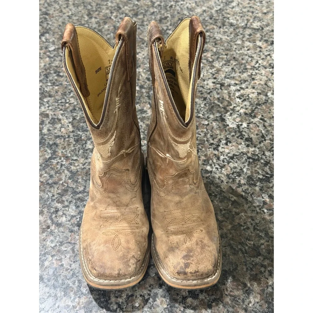 Smoky Mountain Kids Brown Leather Barbed Wire Longhorn Cowboy Boots 13 3923C